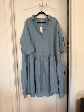 Apuntob Light Blue Tiered Linen Shirt Dress